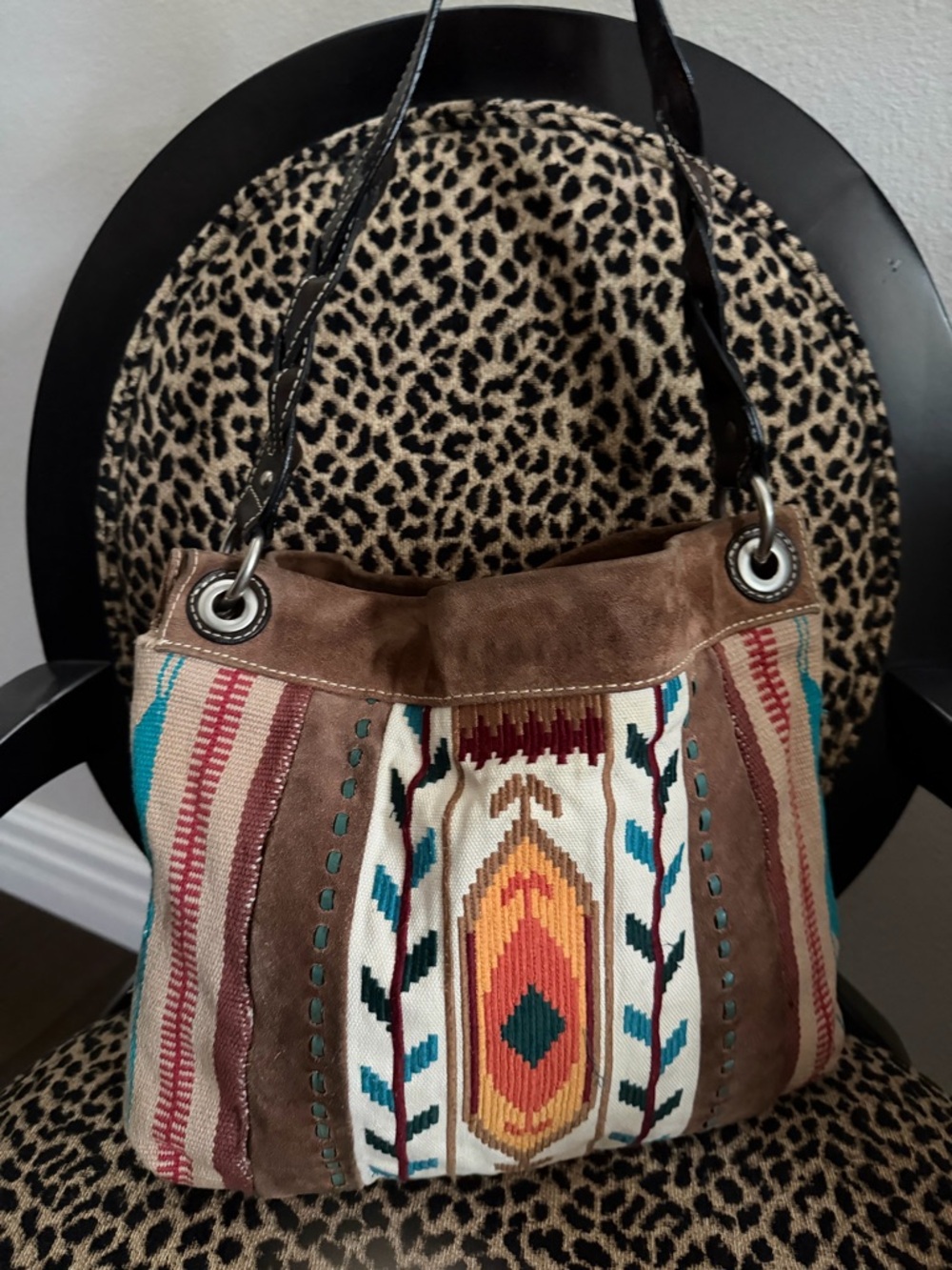 Vintage Fossil Boho Suede & Woven Pattern Shoulder Bag - Brown Multi